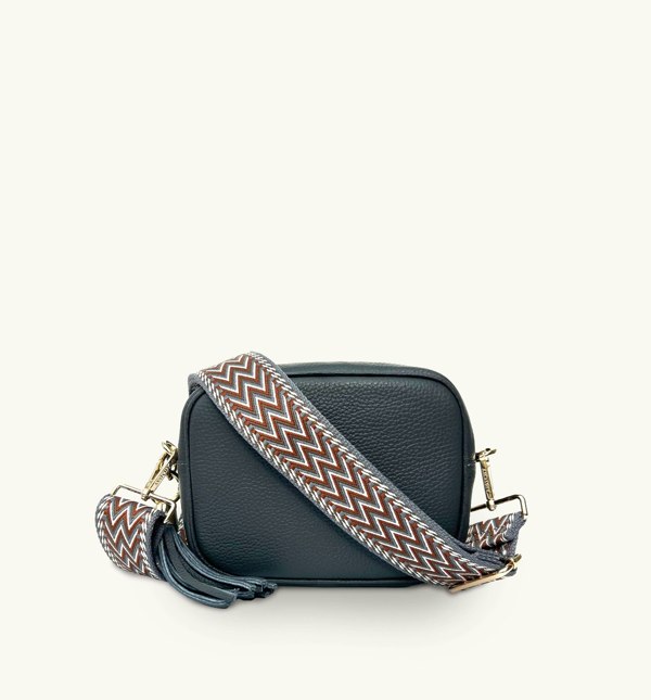 Apatchy Dark Grey Leather Crossbody Bag with Tan Boho Strap