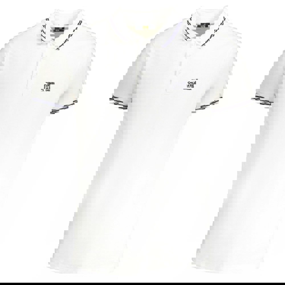 Cavalli Class Tipped Collar Blue Logo White Polo Shirt m
