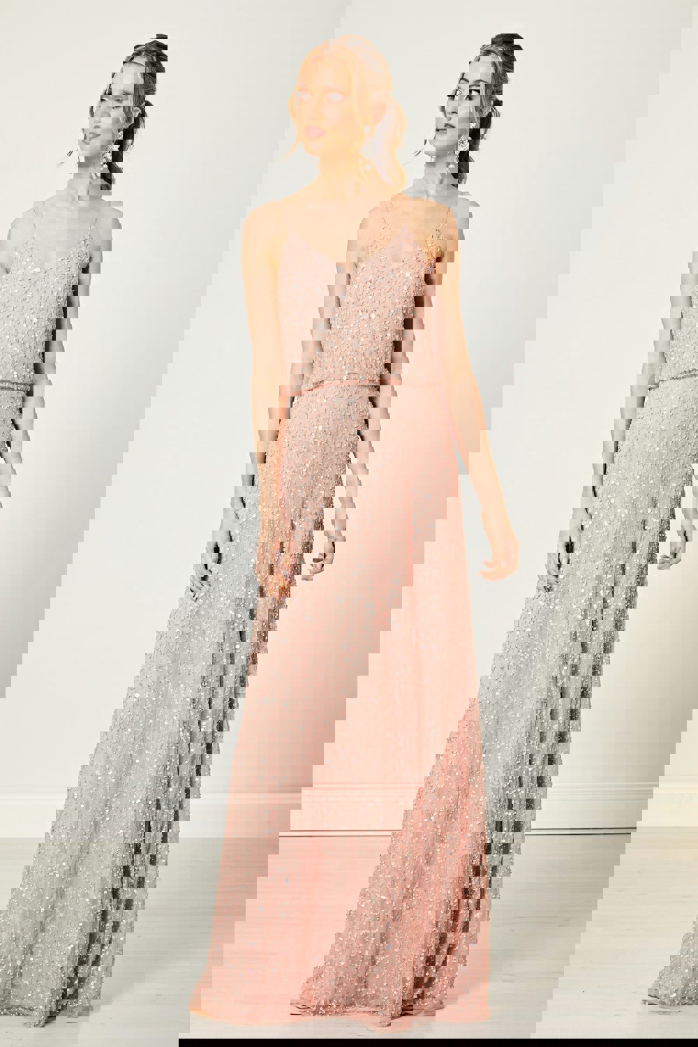 Scatter Embellished Sequin Maxi Dress in Rose Gold - ANGELEYE