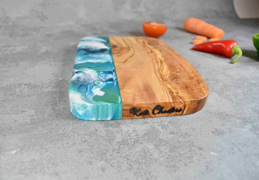 Olive Wood Board with Blue Green Resin Art 20cm - 5th Anniversary Gift