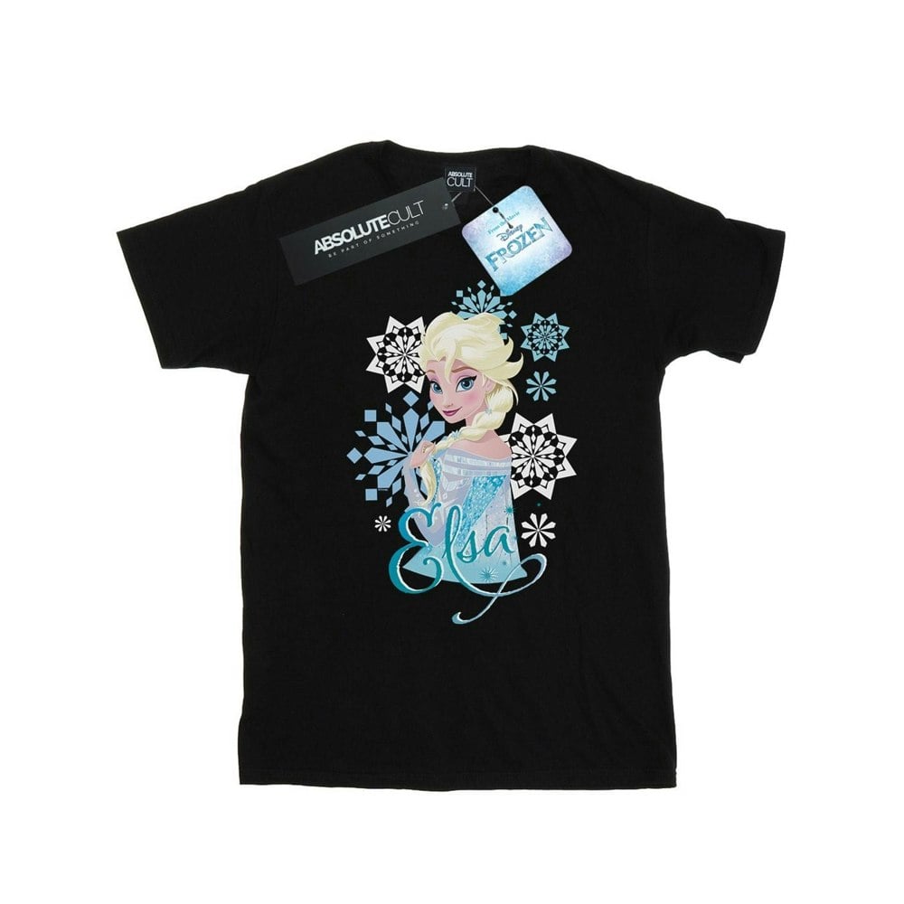 Disney Girls Frozen Elsa Snowflakes Cotton T-Shirt - Black