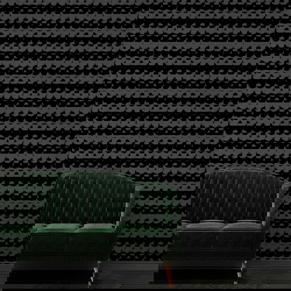 Scoop black velvet flock wallpaper with green velvet sofa