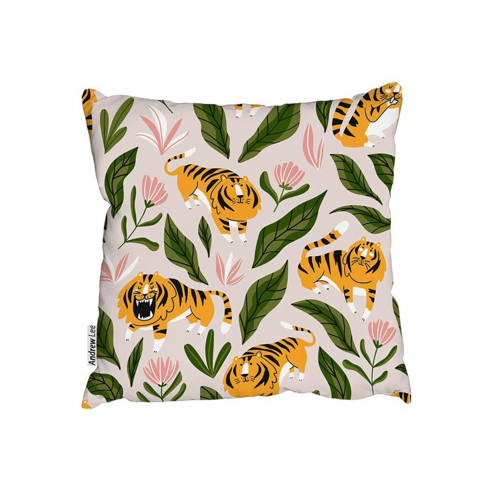 Benjamin Tate Design Cute Tigers And Tropical Leaves And Flowers (Outdoor Cushion)