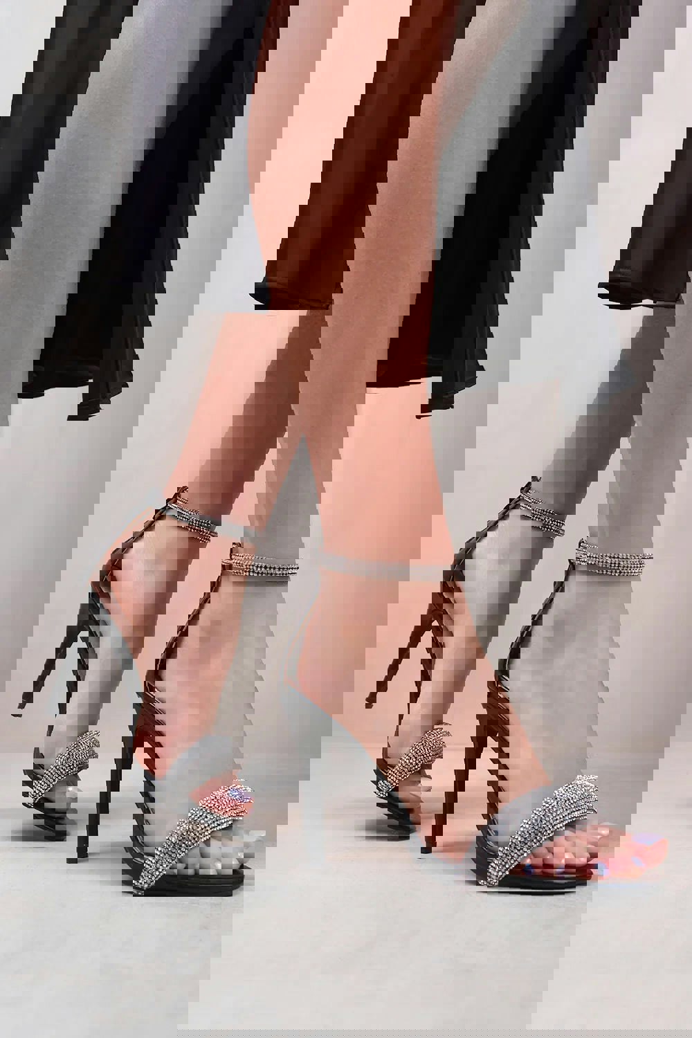Where's That From Sabra Wide Fit High Heel Sandals With Diamante Ankle Strap In Black Faux Leather
