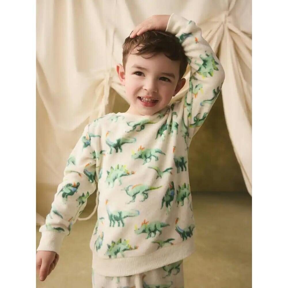 Cath Kidston Kids Dinosaur Fleece Long Pyjama Set - Cream - Cream - 95% Recycled Polyester/5% Elastane