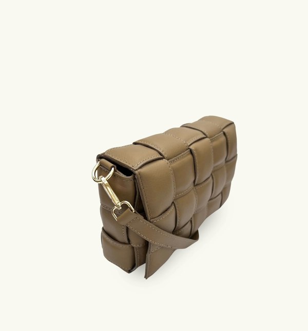 Apatchy London Padded Woven Leather Crossbody Bag with Gold Chain Strap - Latte