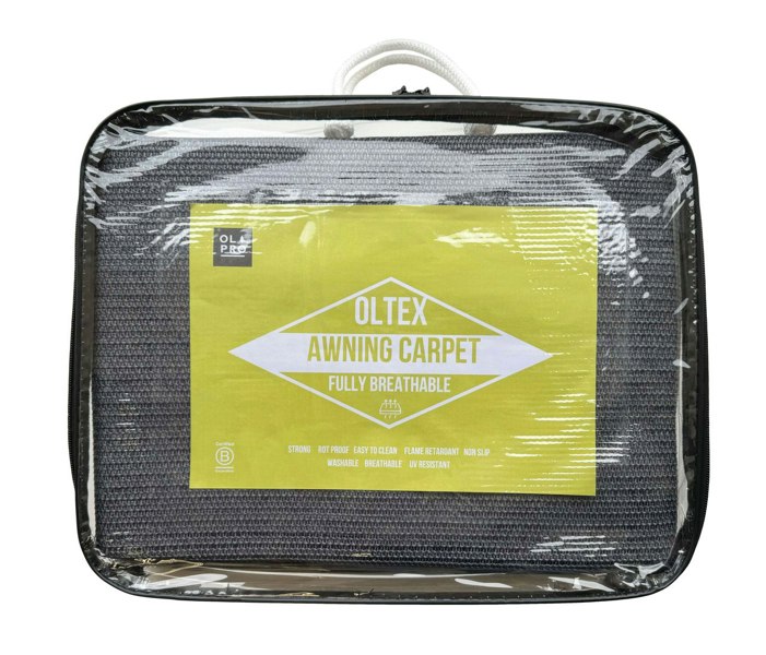 The OLPRO OLTEX Breathable Awning Groundsheet 3m x 3m in its carry bag showing the front insert describing the product and on a white background.