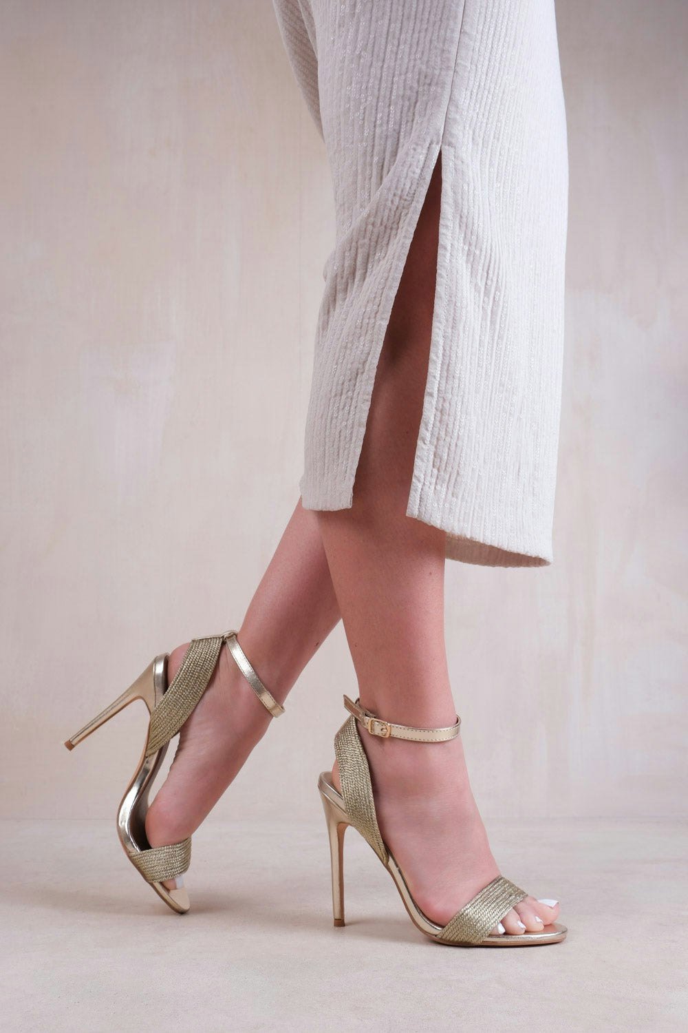 Where's That From Venus High Heels With Threaded Wide Straps in Gold Faux Leather