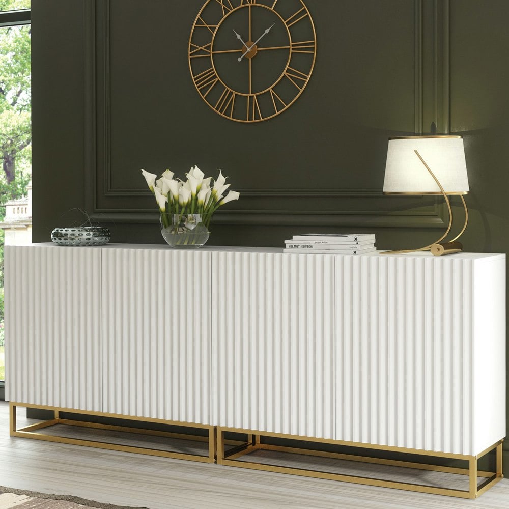 Mex Furniture Sophisticated White Sideboard with Fluted Fronts & Gold Legs – 200cm Storage Unit