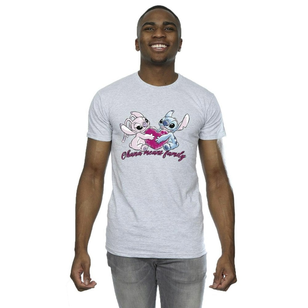 Disney Mens Lilo And Stitch Ohana Heart With Angel T-Shirt - Sports Grey