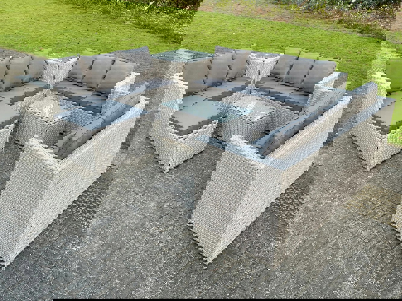 Fimous 10 Seat Light Grey Lounge Outdoor PE Rattan Garden Furniture Set Wicker Sofa Set Oblong Coffee Table Side Table Footstool