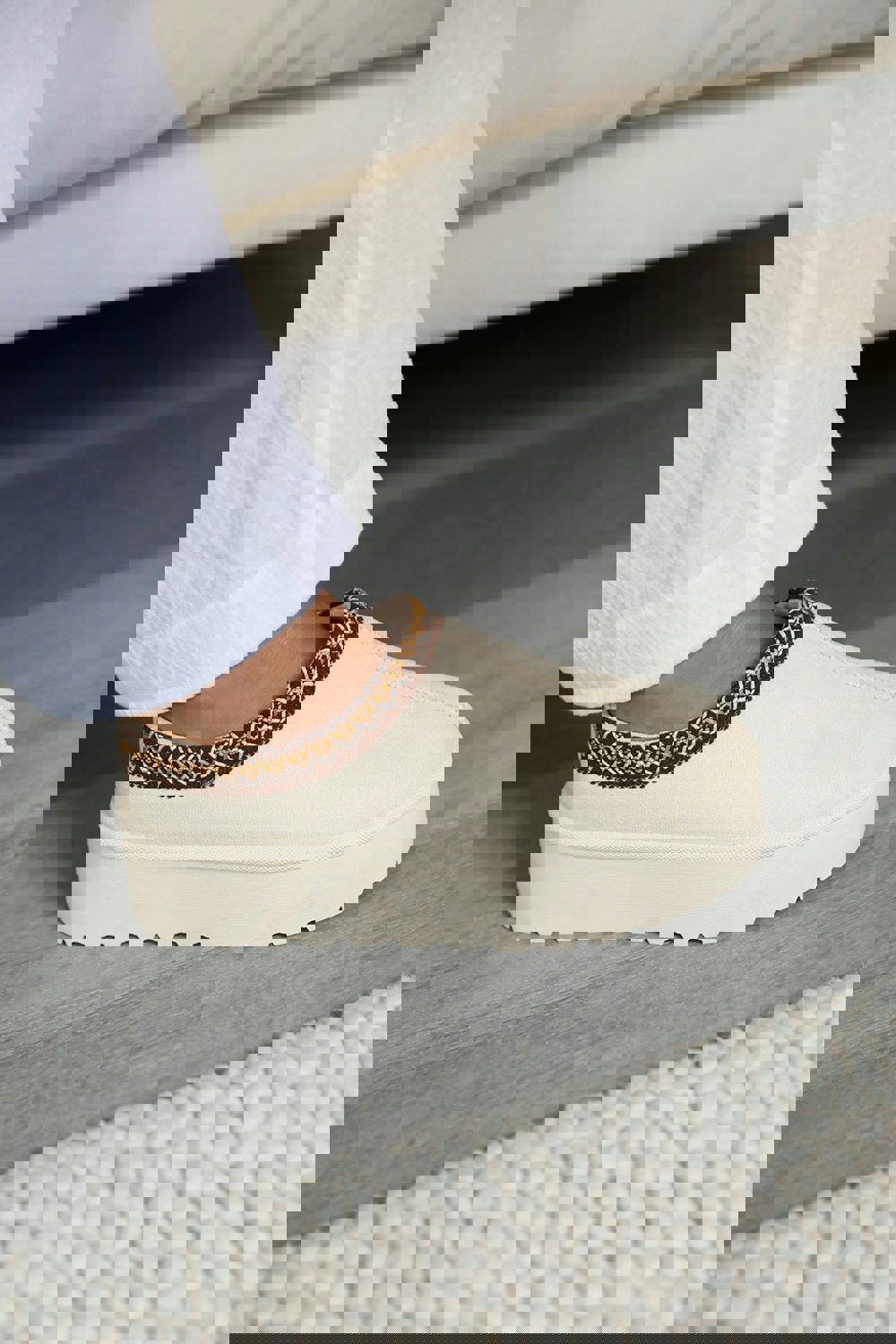 Where's That From Allegra Flatform Embroidered Low Ankle Slipper Boots in Cream Suede