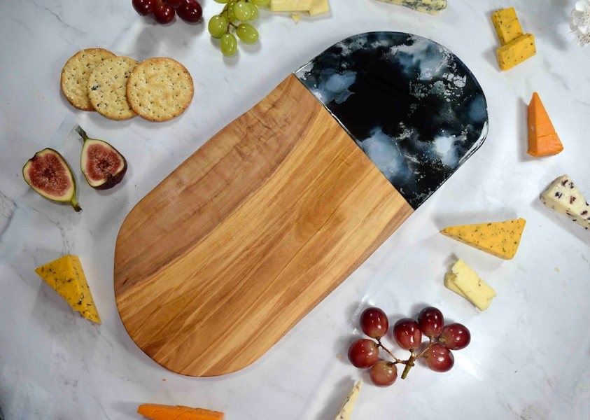 Olive Wood Board with Black Silver Resin Art - Unusual Birthday Gift Ideas - Foodie Present