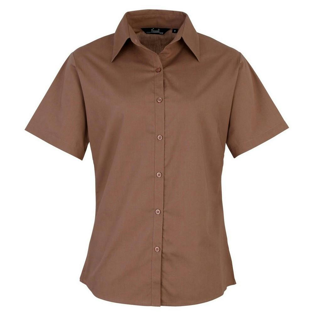 Premier Short Sleeve Poplin Blouse / Plain Work Shirt - Brown - Brown - 65% Polyester/35% Cotton