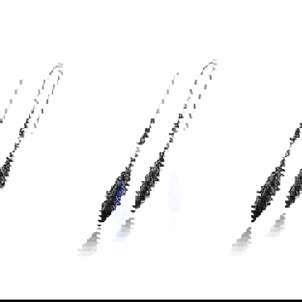 Art Deco Style Diamond Lapis Lazuli & Marcasite Drop Earrings in 925 Sterling Silver - Gemondo