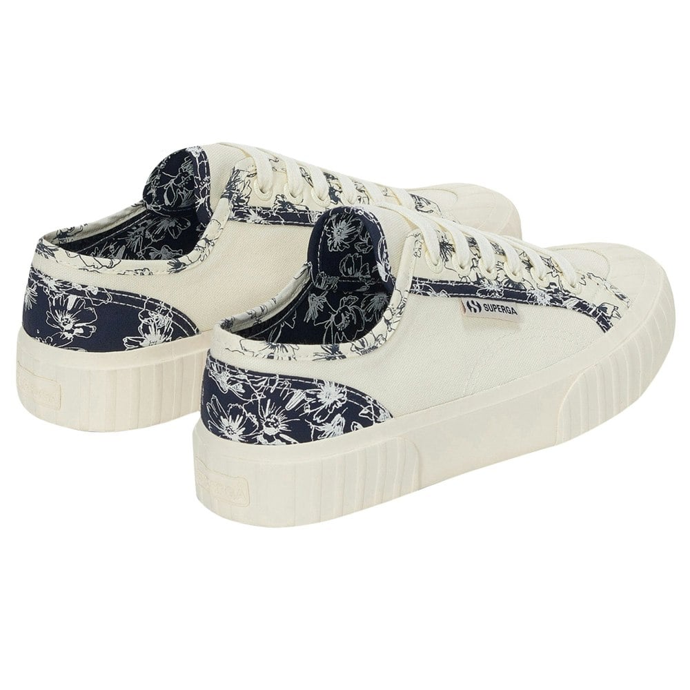 Superga Womens 2630 Stripe Sketched Flowers Trainers - Beige Natural/Navy