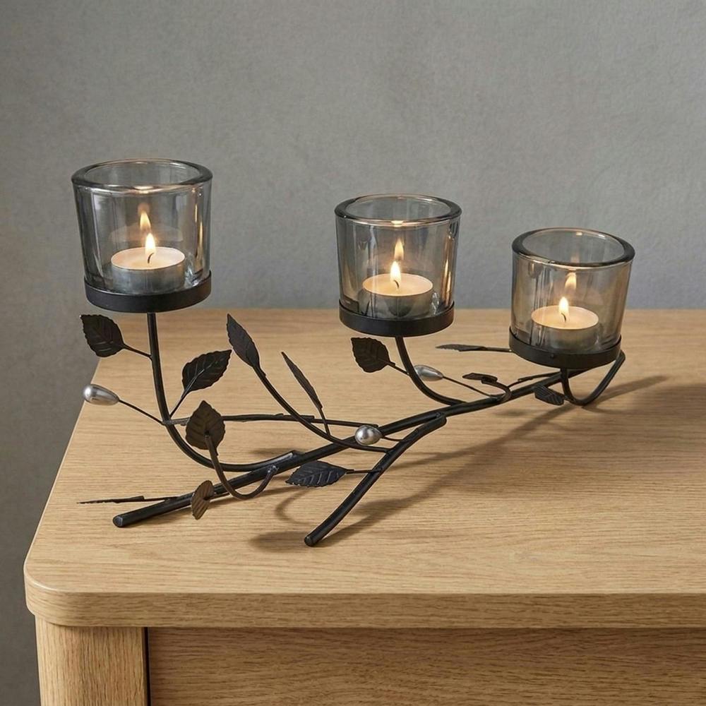 Garden Greatness Black Metal Leaf Triple Tealight Holder