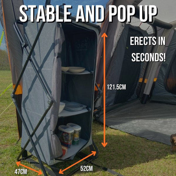 An infographic depicting the key features of the Collapsible Camp Storage Cupboard from OLPRO.