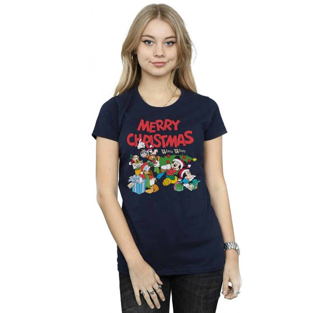 Disney Womens/Ladies Mickey And Friends Winter Wishes Cotton T-Shirt - Navy Blue