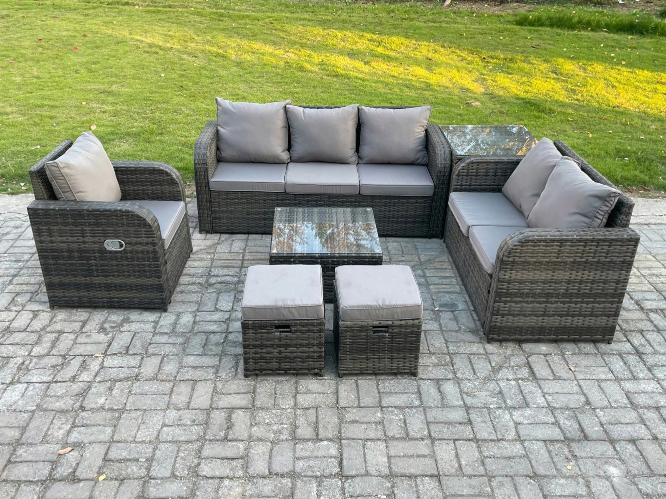 Fimous Rattan Garden Furniture 7 Piece Patio Set With Table Sofa Square Coffee Table Reclining Chair Love seat sofa Side Table 2 Small Footstools