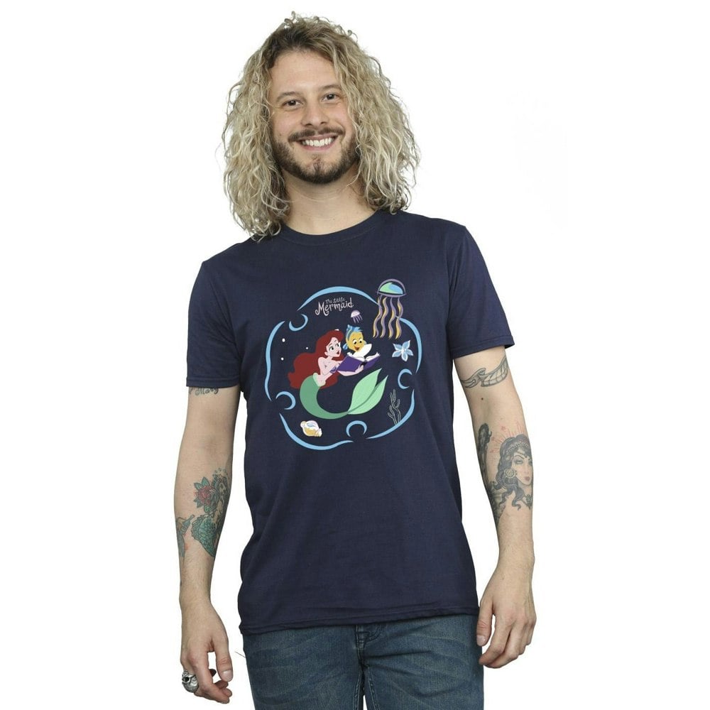 Disney Mens The Little Mermaid Reading A Book T-Shirt - Navy Blue