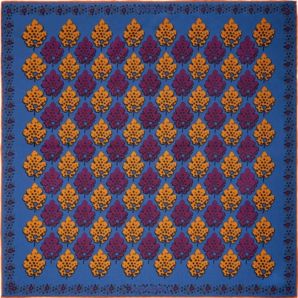 Motif eaf design silk pocket square in blue, burgundy & gold by Otway & Orford