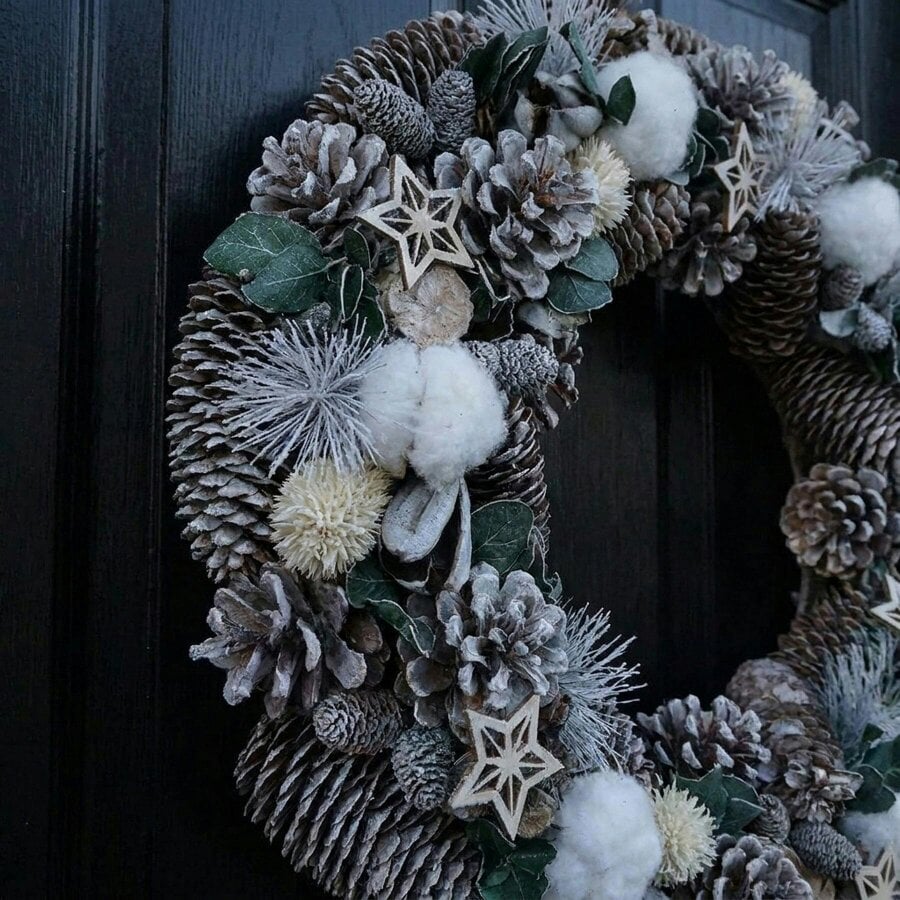 Garden Greatness Christmas Wreath with Natural Cones and White Pom Poms