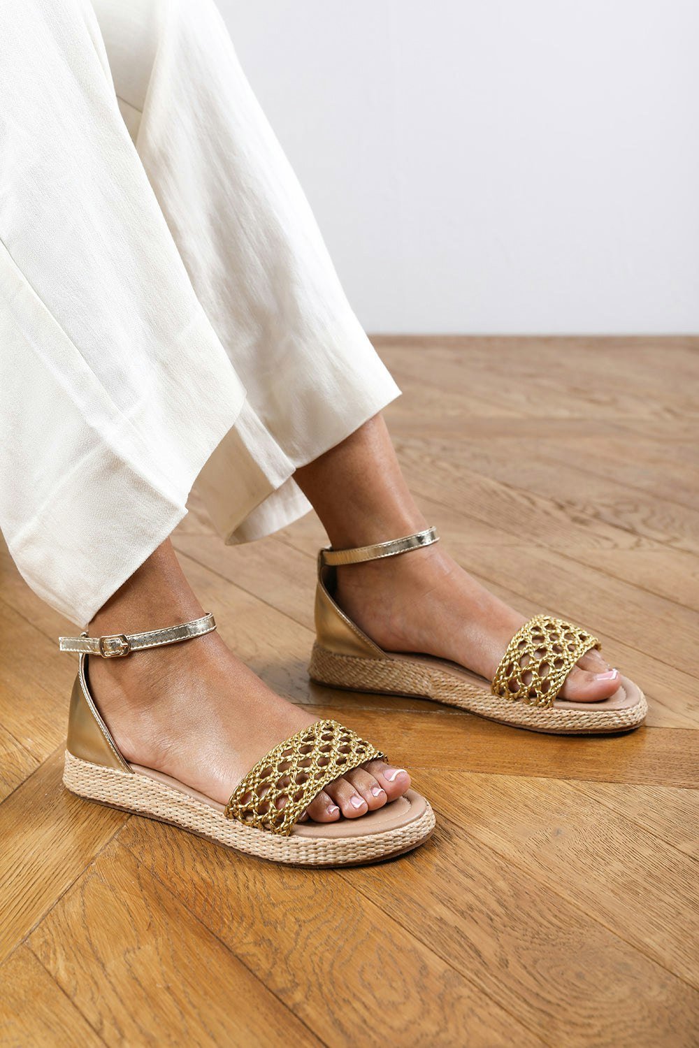 Where's That From Brooklyn Gold Metallic Handwoven Flatform Espadrille Sandal
