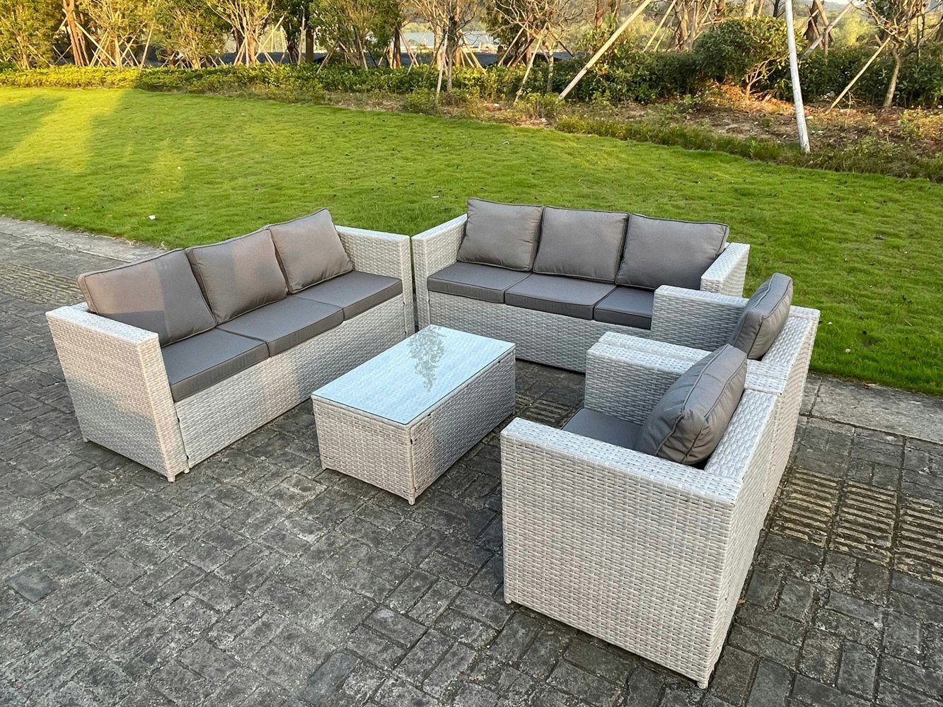 Fimous Light Grey Outdoor PE Rattan Garden Furniture Set Wicker Sofa Set Oblong Coffee Table 2 Armchair