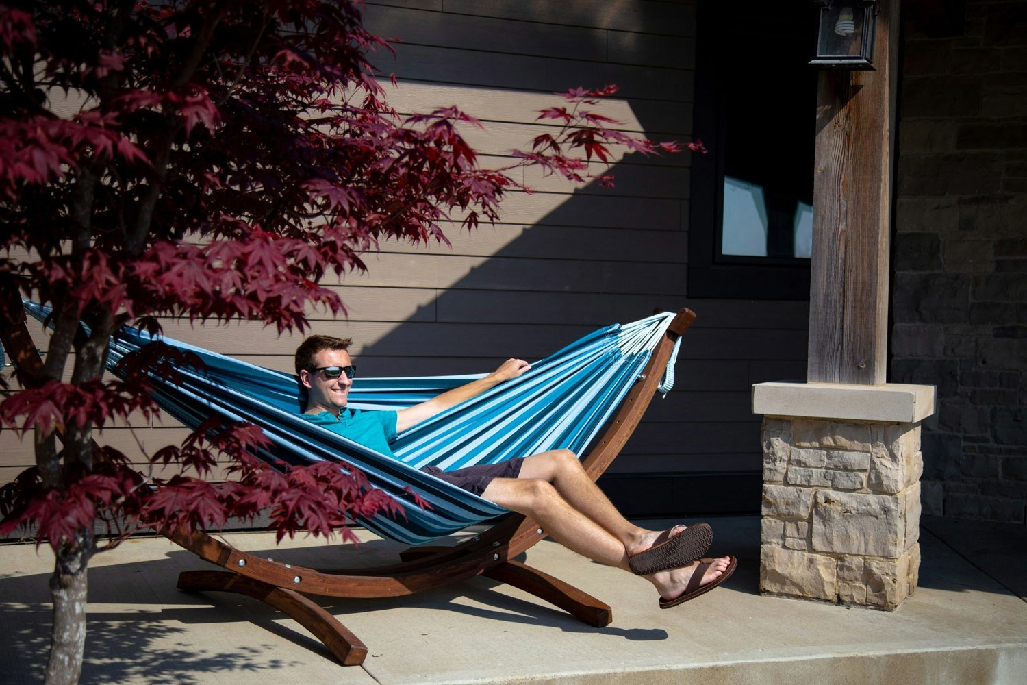 Double Cotton Hammock with Solid Pine Arc Stand- Blue Lagoon