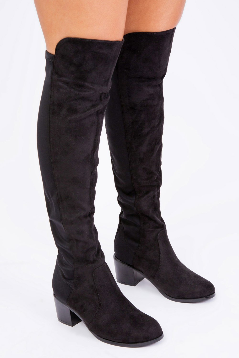 Where's That From Britta Thigh High Mid Heeled Boots in Black Suede