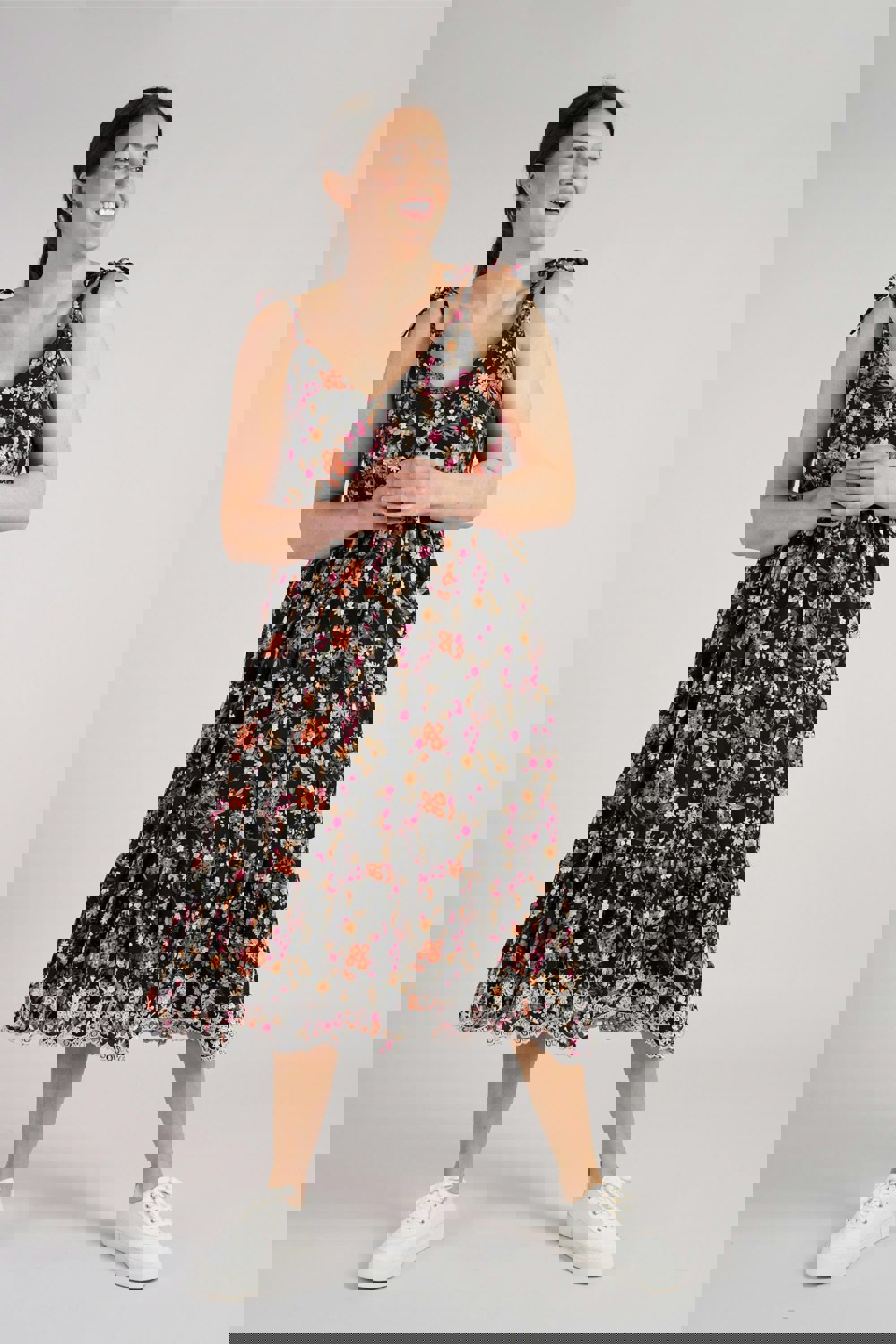 Antonia York Black Floral Sundress | Natalia Softly Gathered Strappy Dress with Broderie Anglaise Flounce