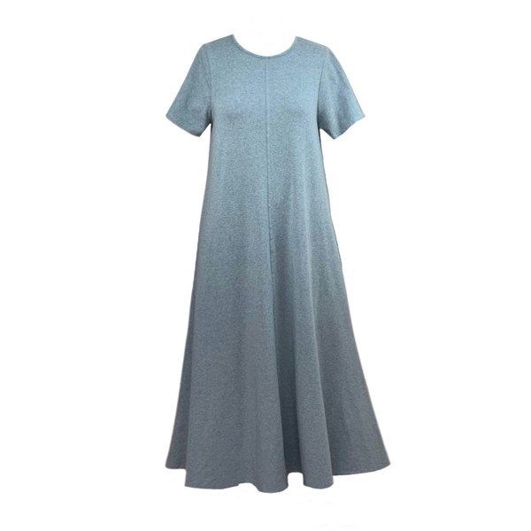 Cut out image of an A line jersey faltered dress with short sleeves, scoop neck and centre front seam in grey marl.