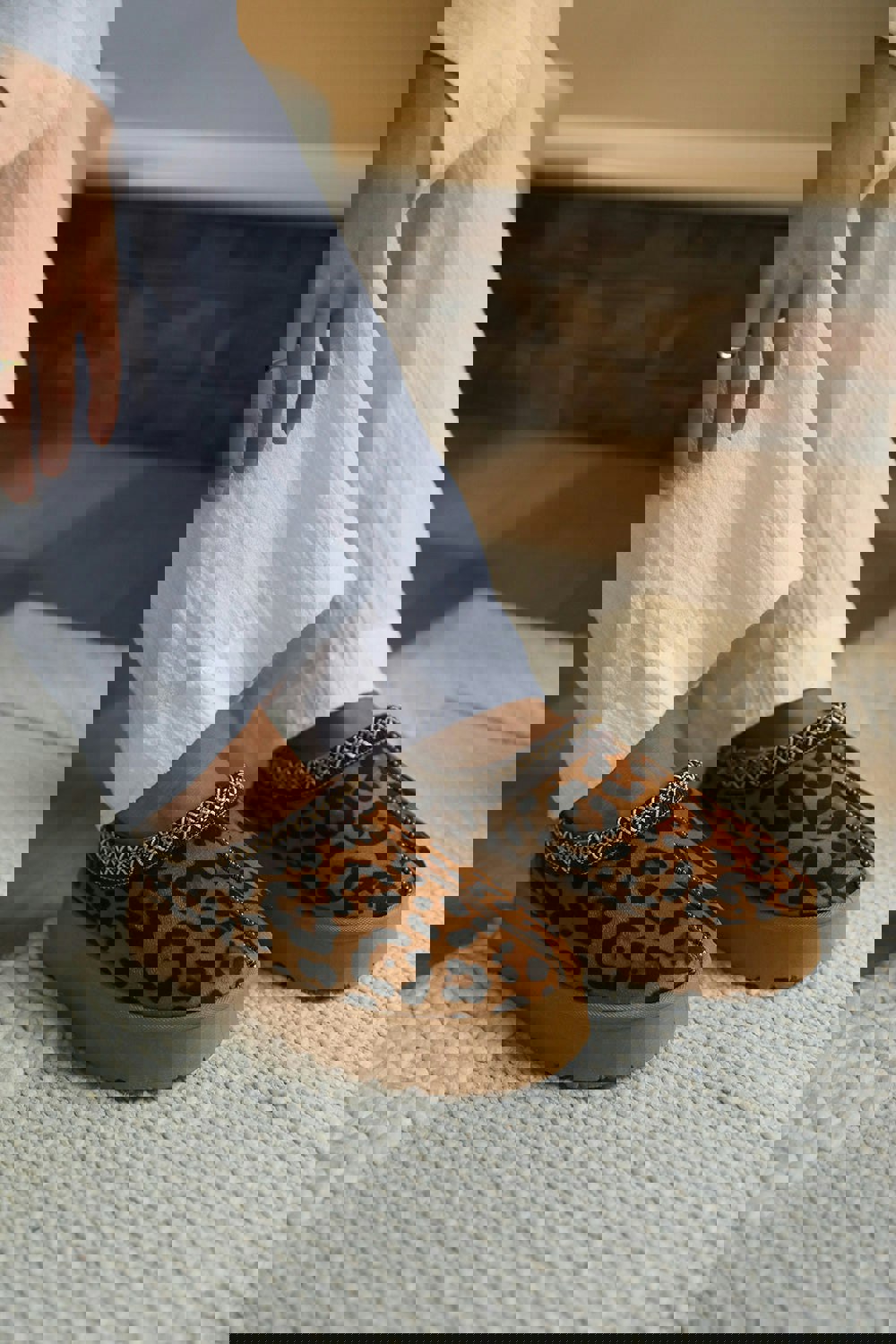 Where's That From Allegra Flatform Embroidered Low Ankle Slipper Boots in Leopard Suede