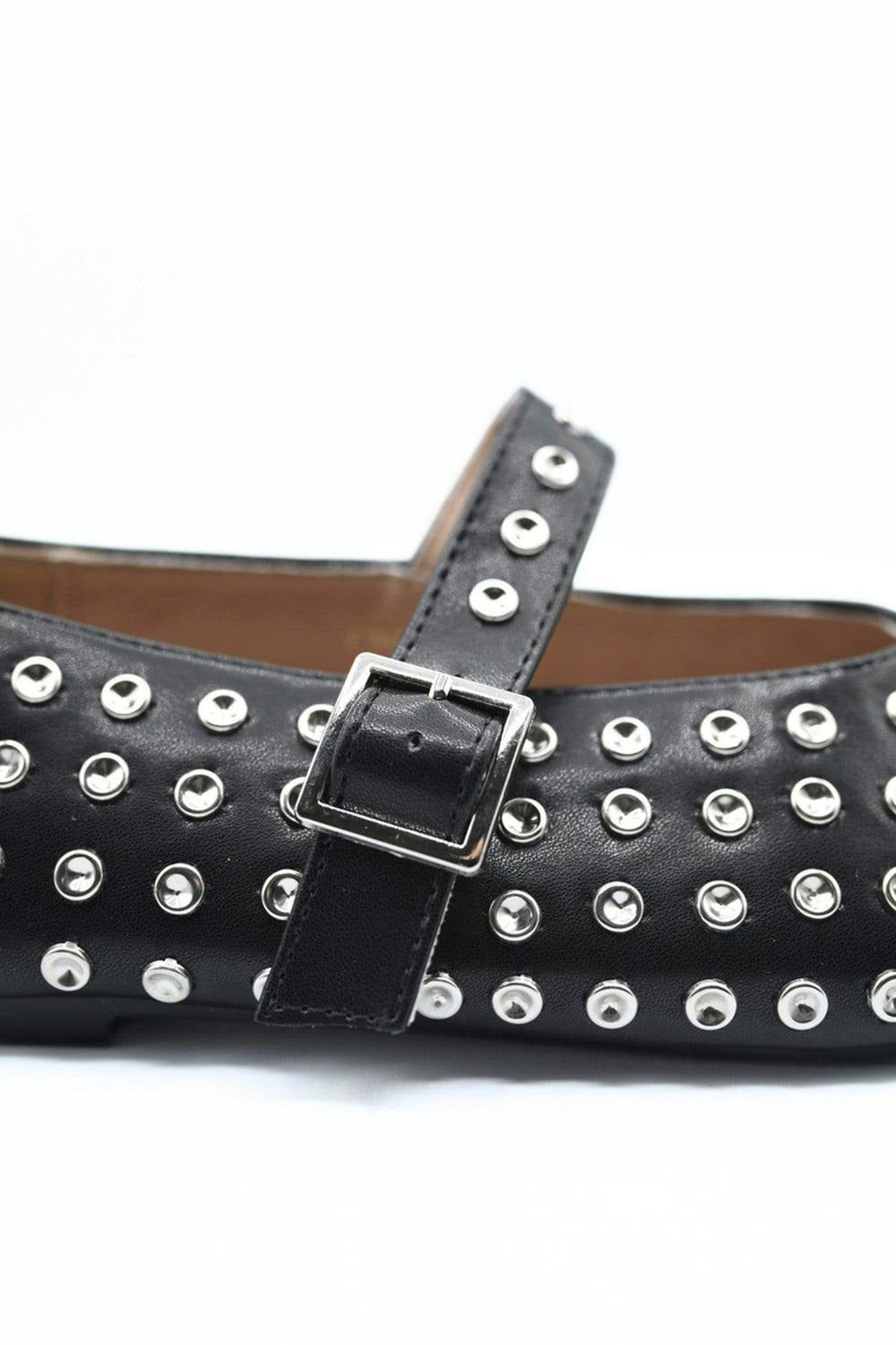 Anna Rhinestone Decor Round Toe Buckle Strap Flat Shoes - Black