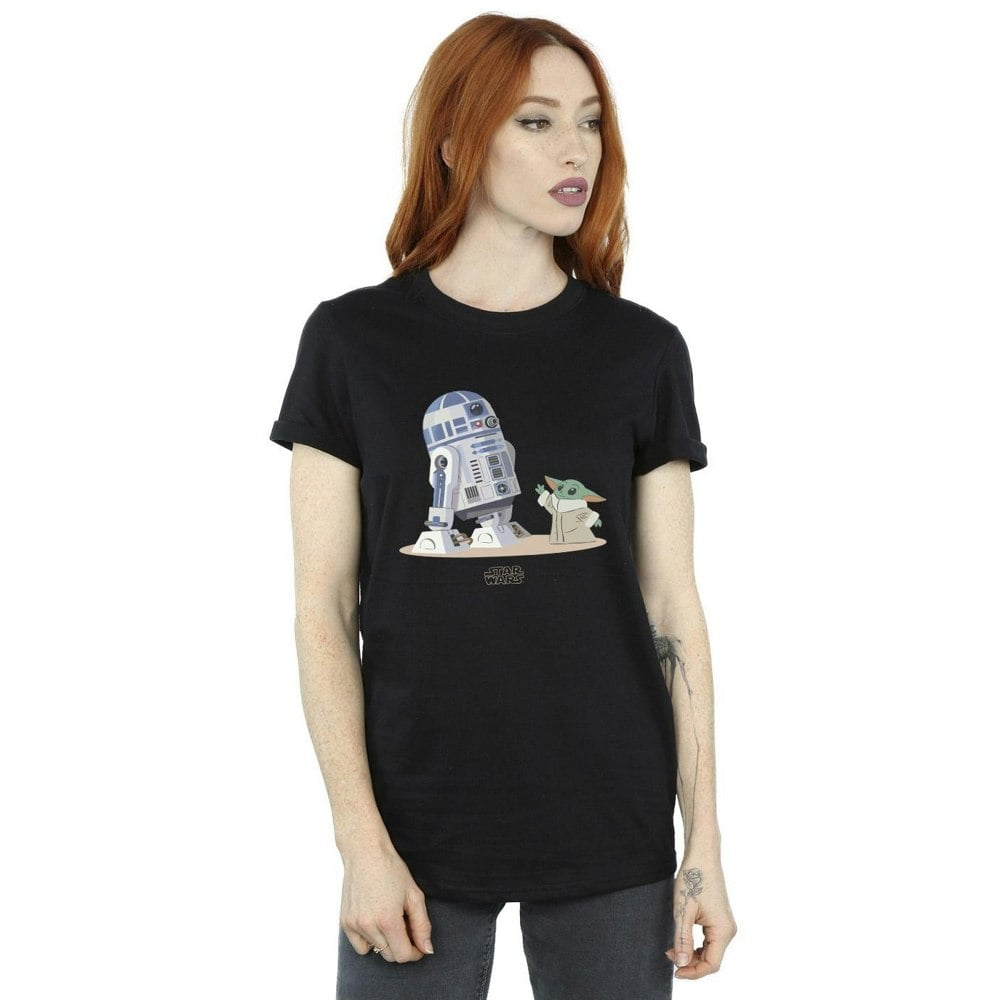 Star Wars Womens/Ladies The Mandalorian R2D2 And Grogu Cotton Boyfriend T-Shirt - Black