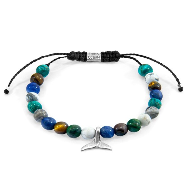 Anchor & Crew Multicoloured Multi-Gem Think Ocean Mini Whale Silver and Stone Macrame Bracelet