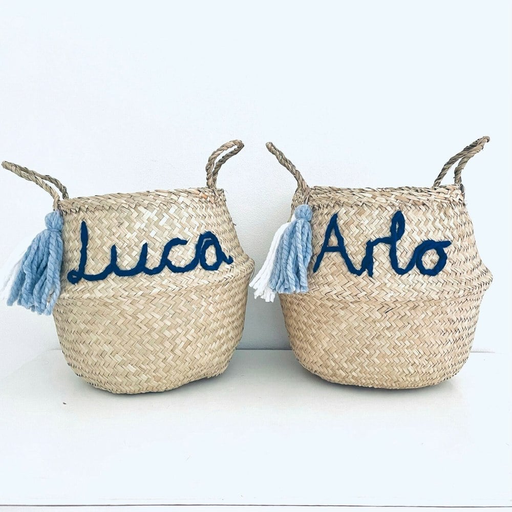 Bellybambino Blue Personalised tassel name basket - Large