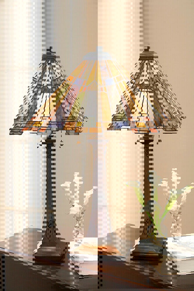2 Bulb Table Lamp Pyramid Shape Tiffany Style Glass Valiant Bronze LED E27 60W Loops