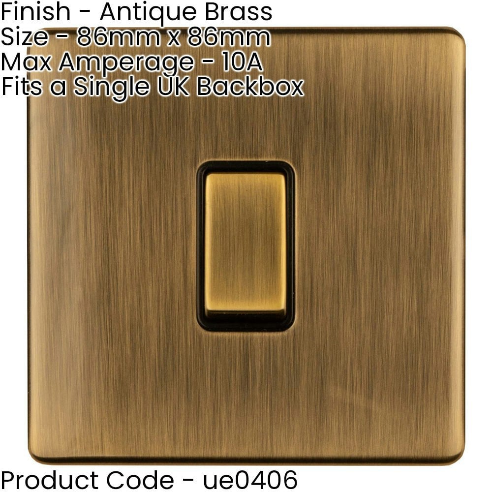 1 Gang Single 10A INTERMEDIATE Light Switch SCREWLESS ANTIQUE BRASS Metal Rocker