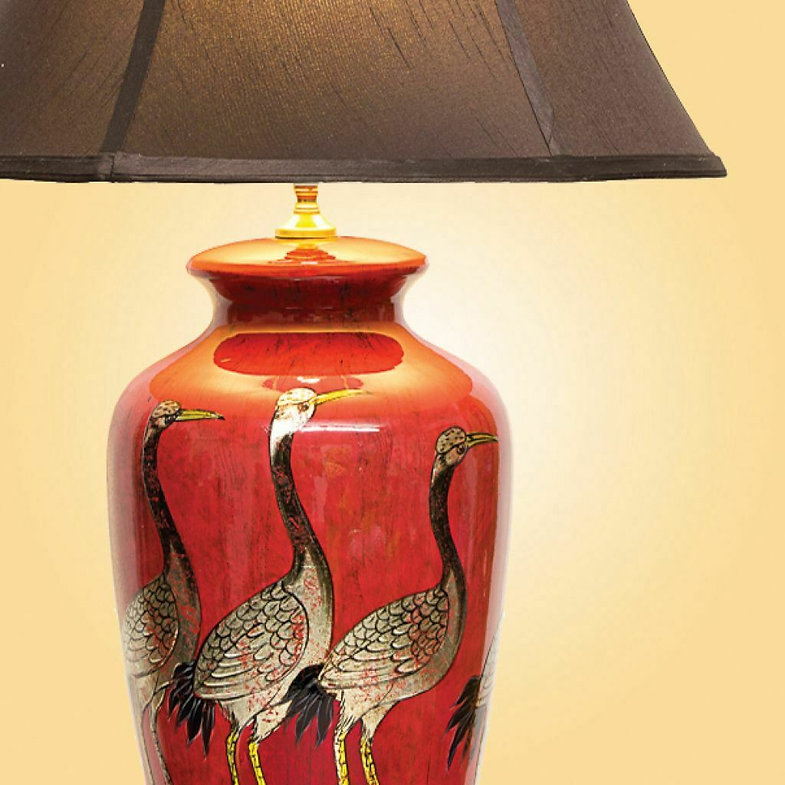 Downton Interiors Red Crane Oriental Chinese Ceramic Porcelain Table Lamp - Dark Shade