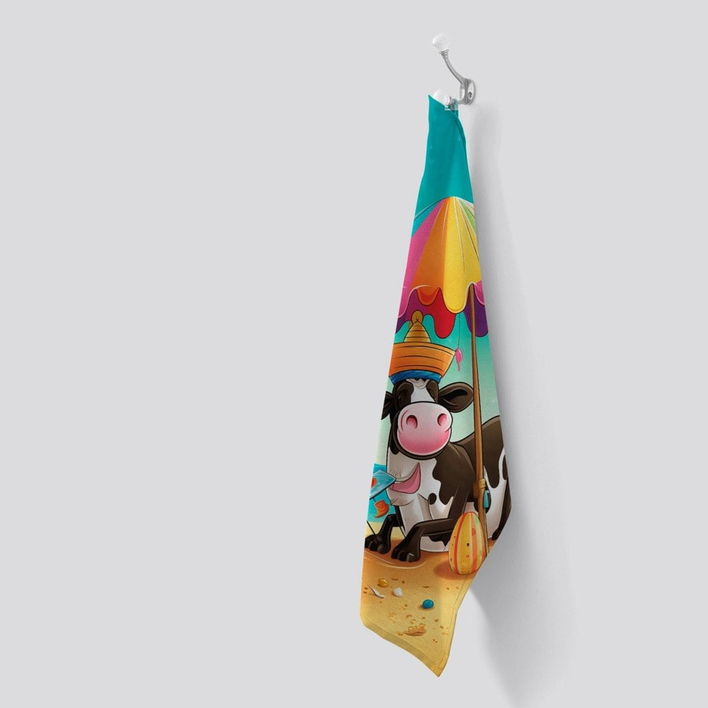 Warren Reed Cow On A Beach Holiday Tea Towel