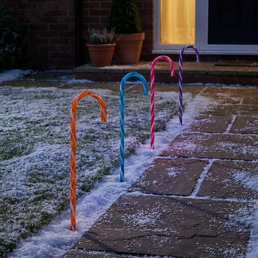 Garden Greatness Set of 4 Candy Cane Path Lights with Rainbow LED