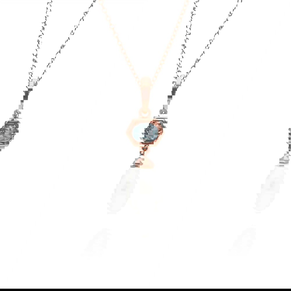 270P030404925 Modern Pearl & Aquamarine Hexagon Drop Pendant in Rose Gold Plated Silver 1