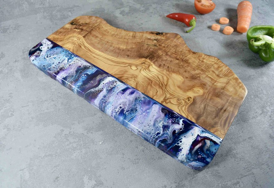 Large Purple Resin Art Olive Wood Cutting Board 40cm 