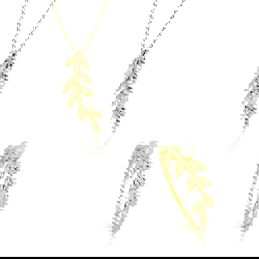 270P030001925-270R058401925 O Leaf Pearl Pendant & Ring Set in Gold Plated 925 Sterling Silver 1