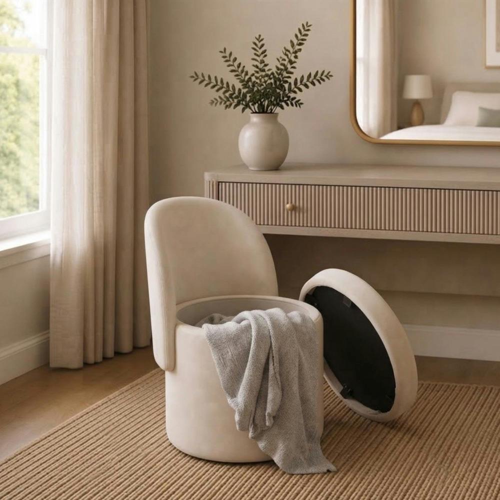 Garden Greatness Ivory Velvet Storage Ottoman Chair