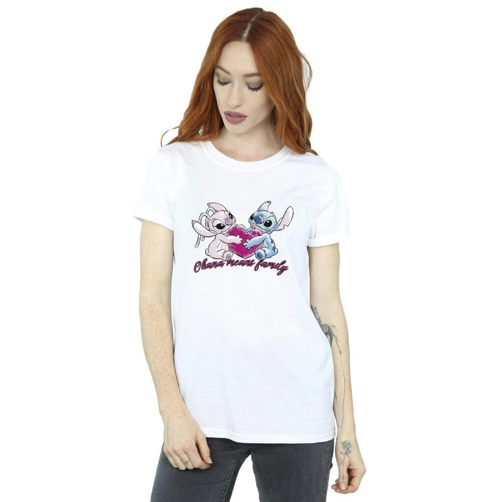 Disney Womens/Ladies Lilo And Stitch Ohana Heart With Angel Cotton Boyfriend T-Shirt - White