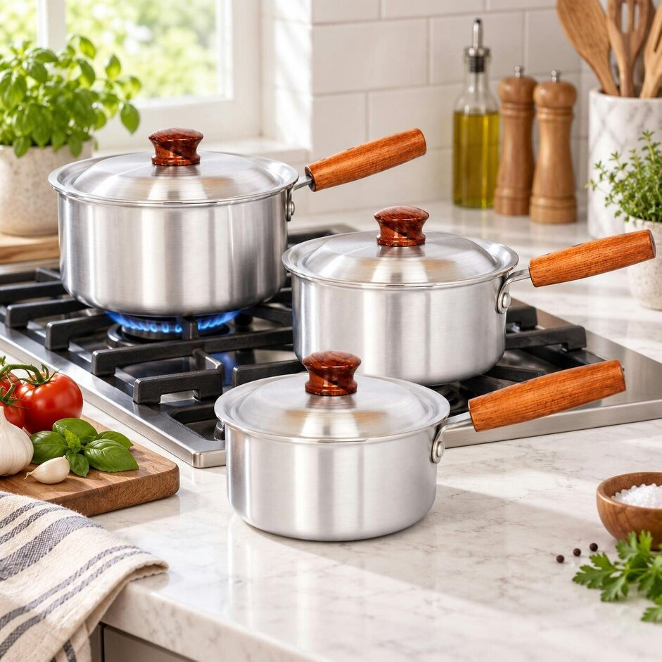 Dyzi 3 Piece Aluminium Saucepan Set with Lids Wooden Style Handles