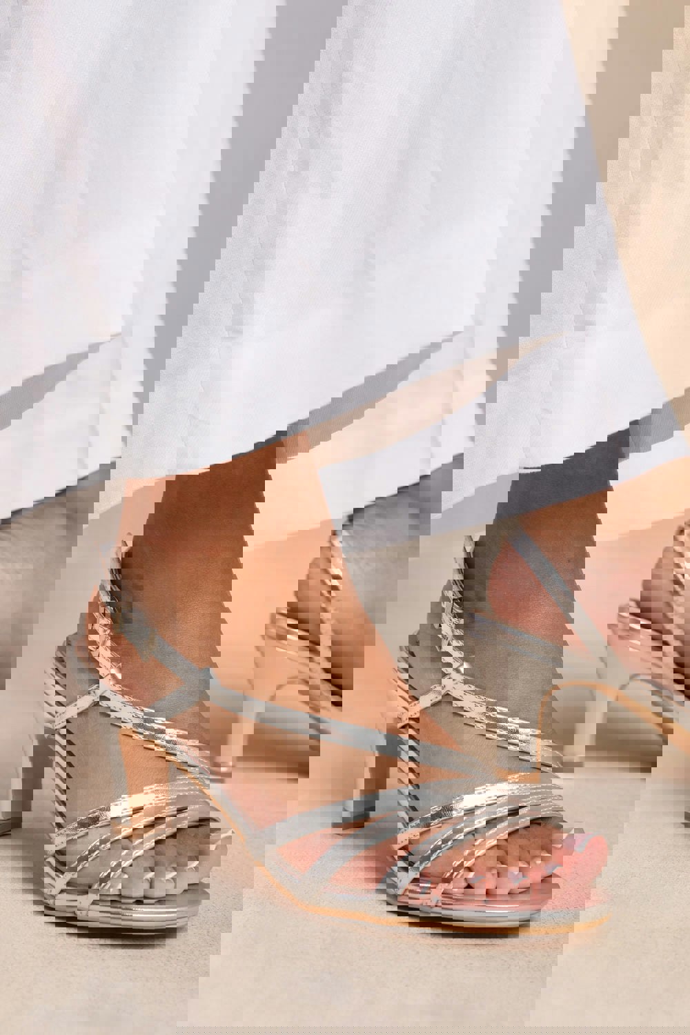 Where's That From Mykonos Wide Fit Mutli Strap Slingback Low Block Heel in Silver